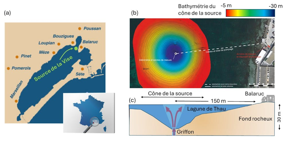 Carte de la Source de la Vise avec schémas de bathymétrie et localisation.