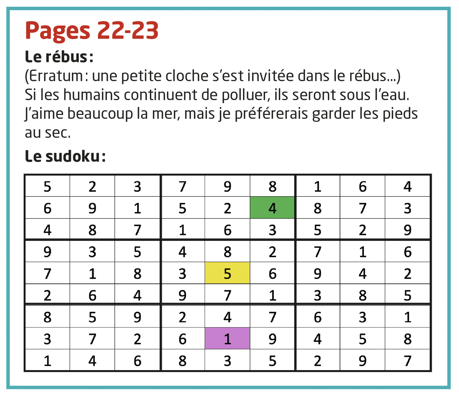 Sudoku partiellement rempli avec cases en vert, jaune et texte sur la pollution.