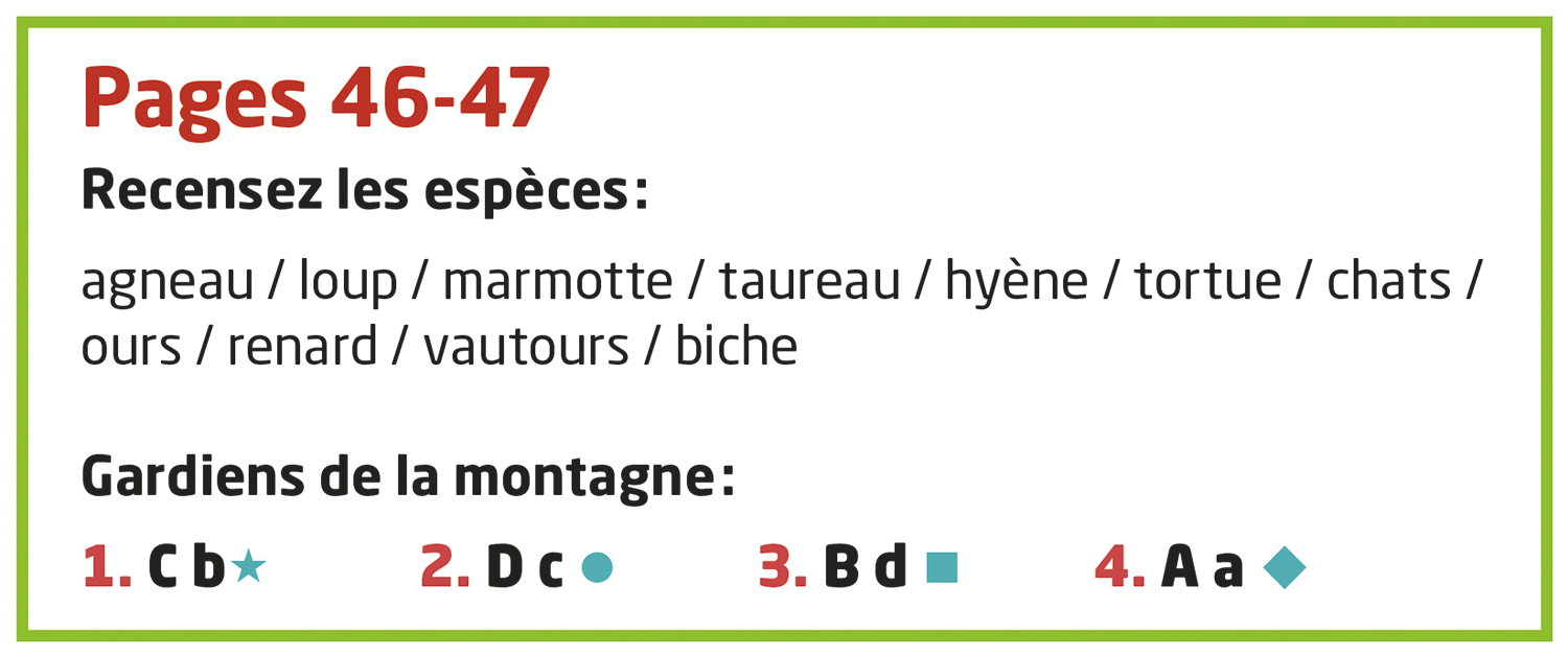 Pages 46-47, liste d'espèces, liens de la montagne avec réponses numérotées.