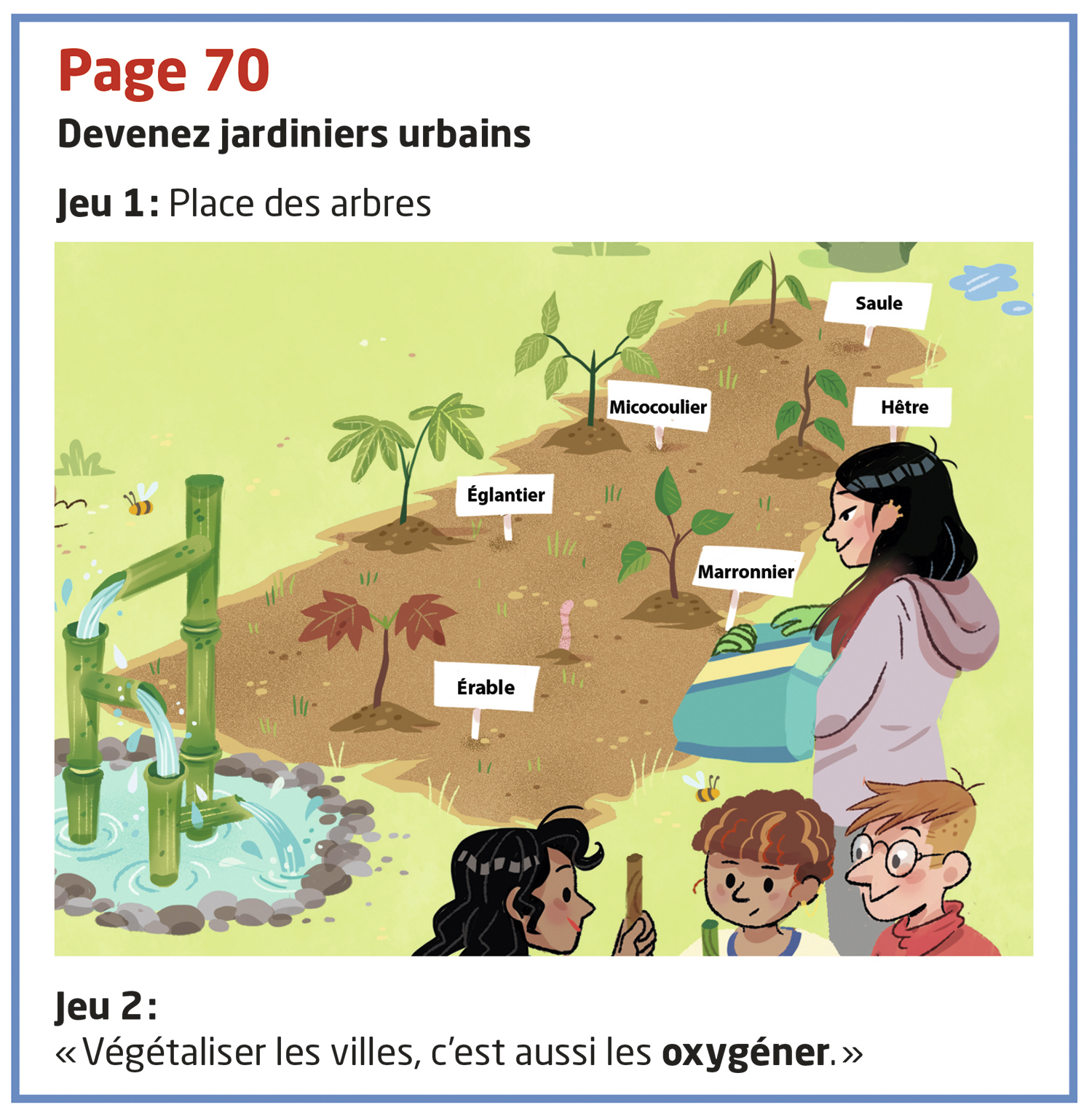 Une femme et des enfants observent des plantes avec des étiquettes dans un jardin.