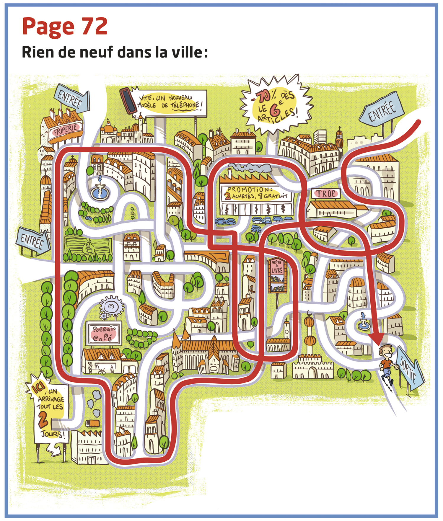 Carte illustrée d'une ville avec un chemin rouge sinueux à travers des bâtiments.