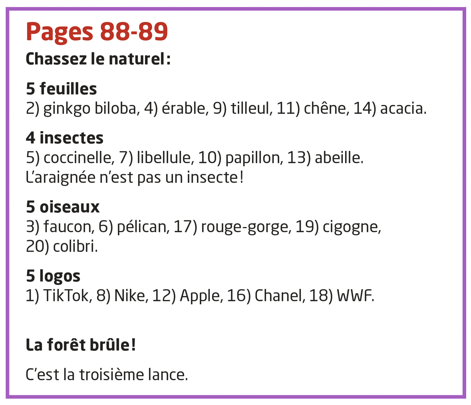 Liste de feuilles, insectes, oiseaux et logos avec numéros associés pour chaque catégorie.