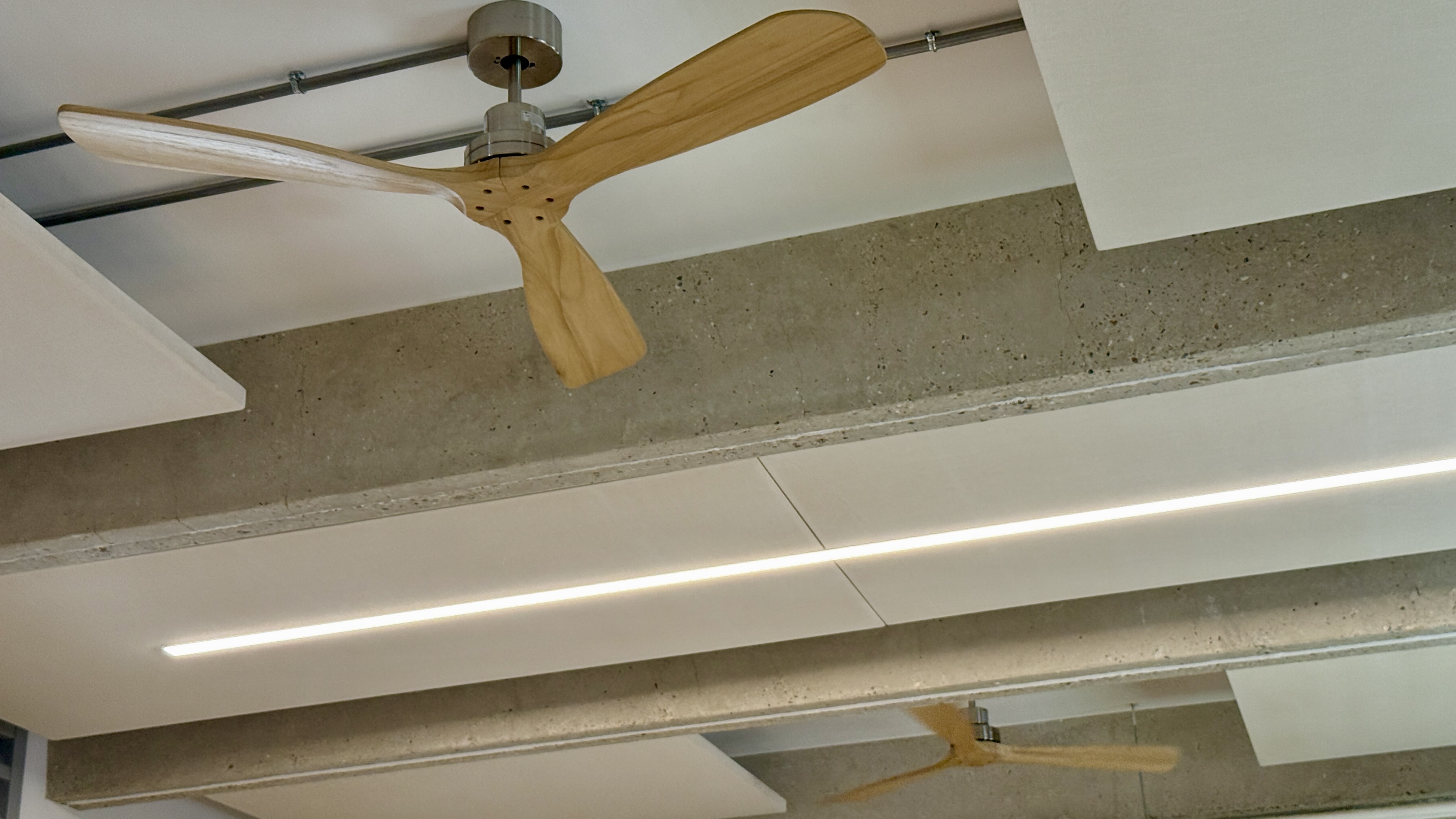 Ventilateurs de plafond en bois dans une pièce moderne avec poutres apparentes.