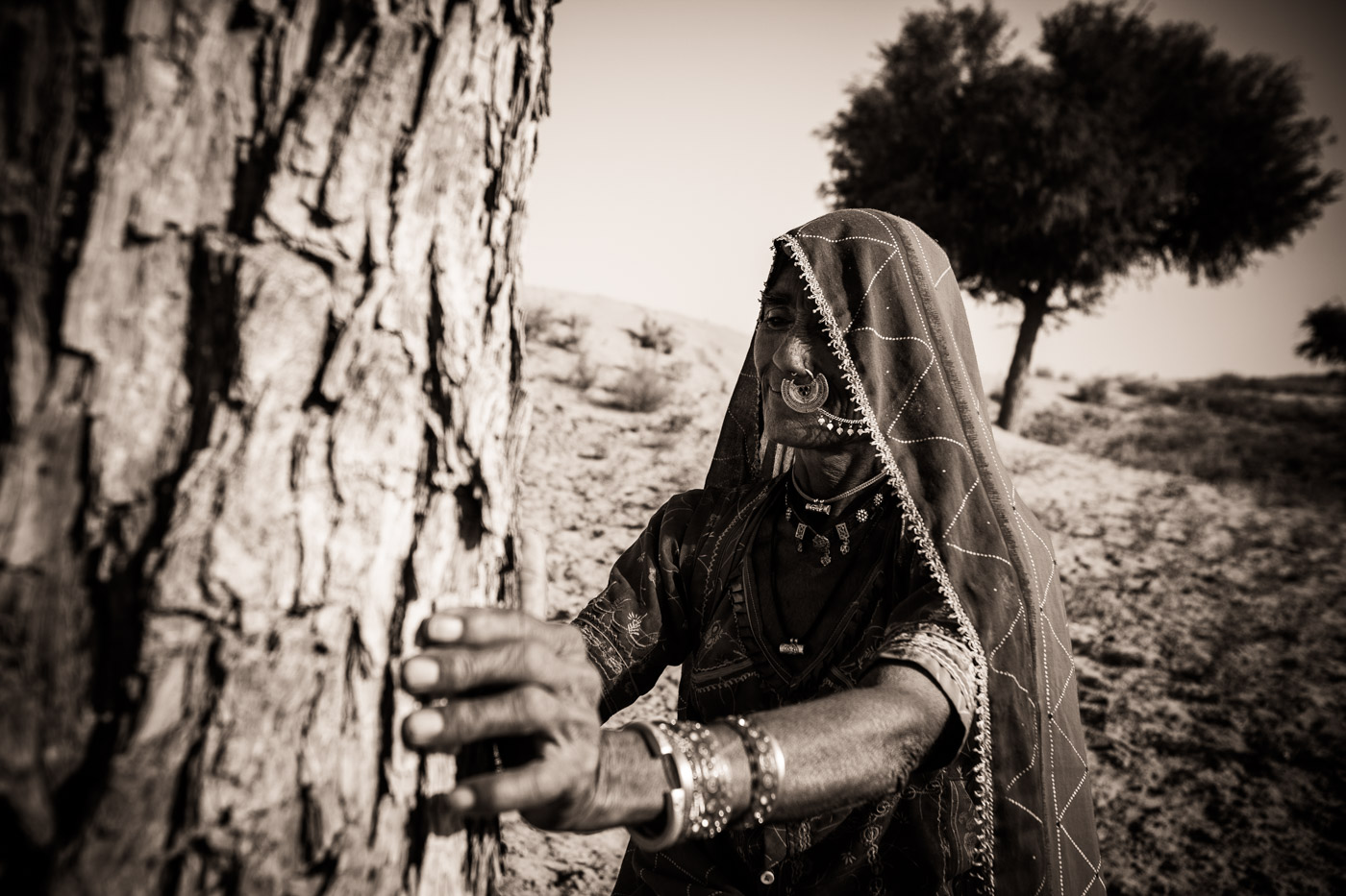 Une femme en sari traditionnel touche un arbre dans un paysage désertique en noir et blanc.