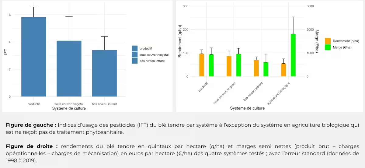 Graphiques comparant l'usage des pesticides et les rendements agricoles selon différents systèmes de culture.