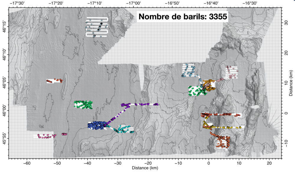 Carte avec zones colorées et nombre de barils, 3355, en haut au centre.