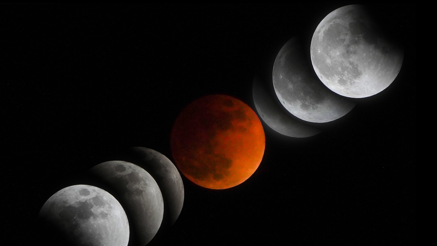 Phases d'une éclipse lunaire avec la Lune en teinte rougeâtre au centre du processus.