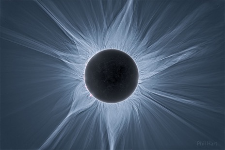 Éclipse solaire totale avec couronne solaire rayonnante visible en arrière-plan sombre.