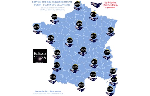 Carte de France montrant les pourcentages de visibilité d'une éclipse solaire en 2026.
