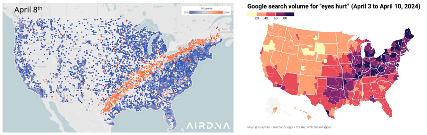 Cartes montrant les volumes de recherche Google et les locations Airbnb aux États-Unis.