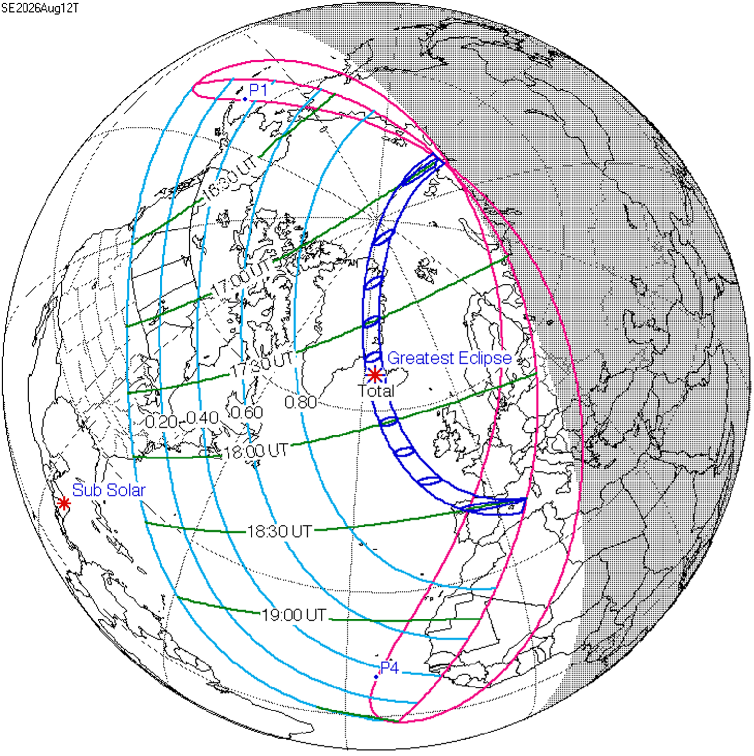 Carte montrant la trajectoire d'une éclipse solaire totale avec l'heure du plus grand éclat.