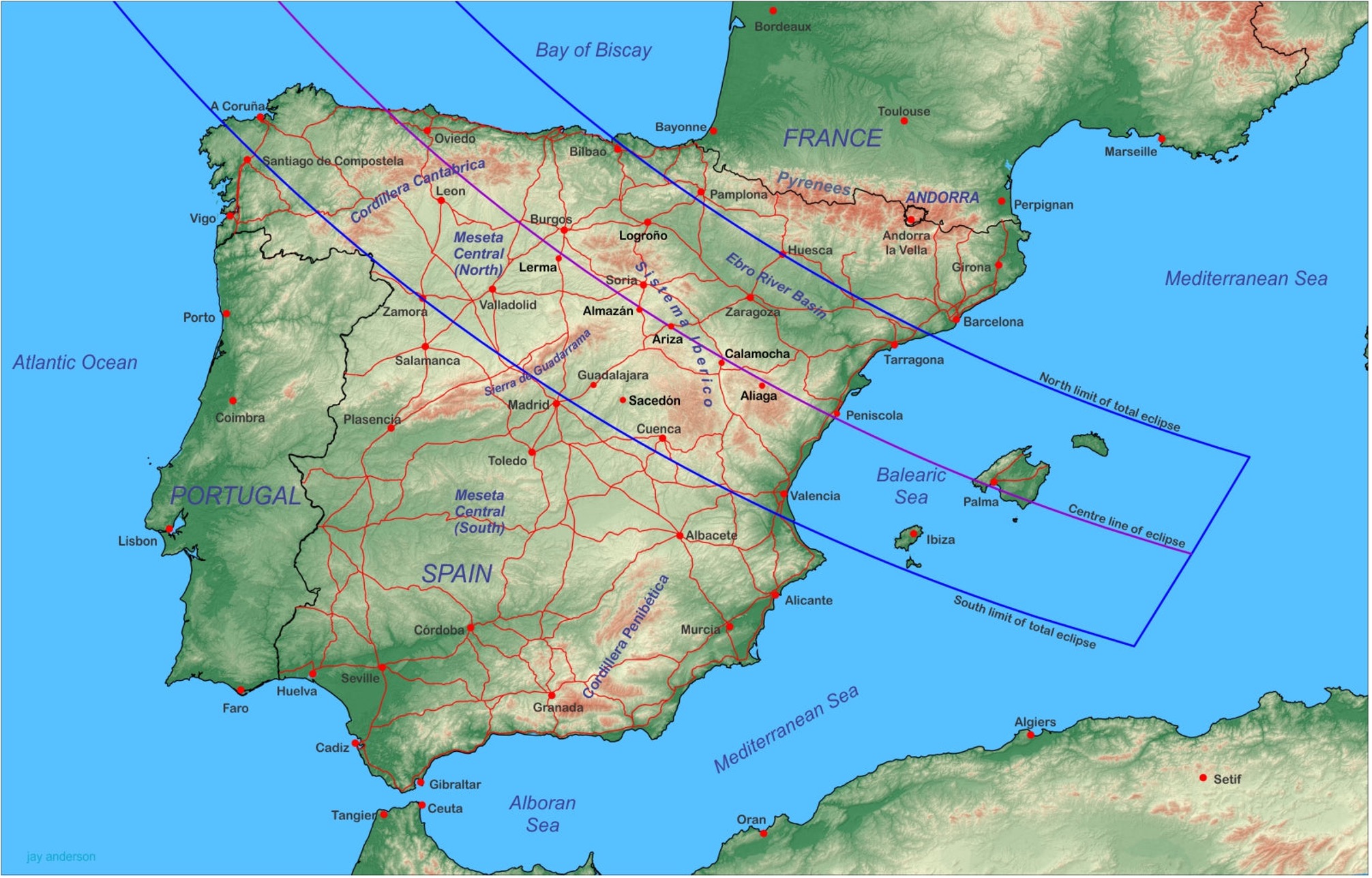 Carte de l'Espagne montrant la trajectoire d'une éclipse solaire à travers le pays.