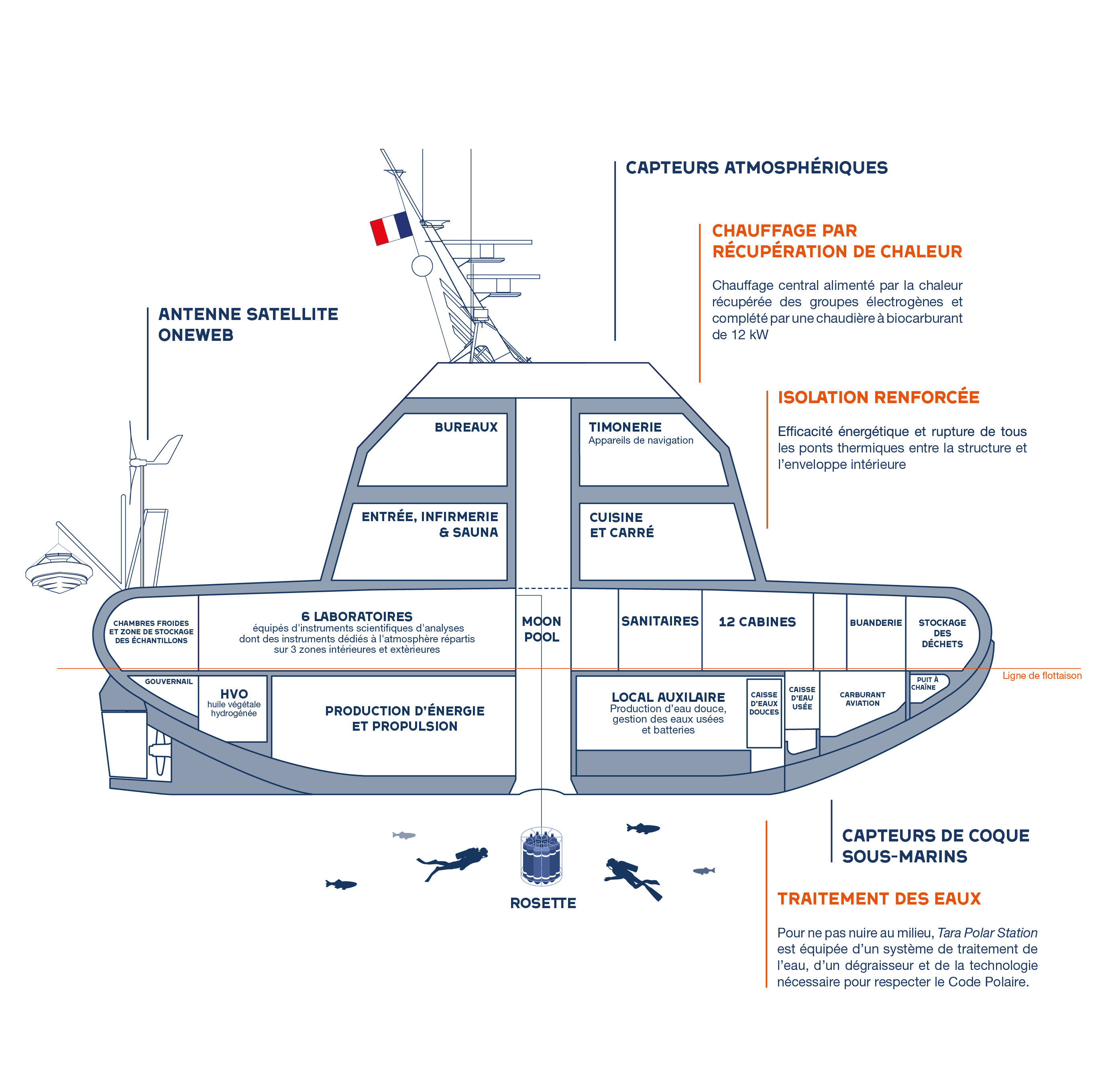Coupe d'un navire avec laboratoires, logements, salle de conférence et technologies écologiques.