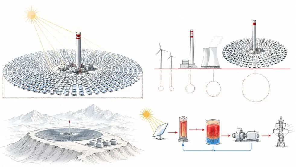 Schéma de centrale solaire à concentration avec tours et miroirs, stockage thermique et distribution électrique.