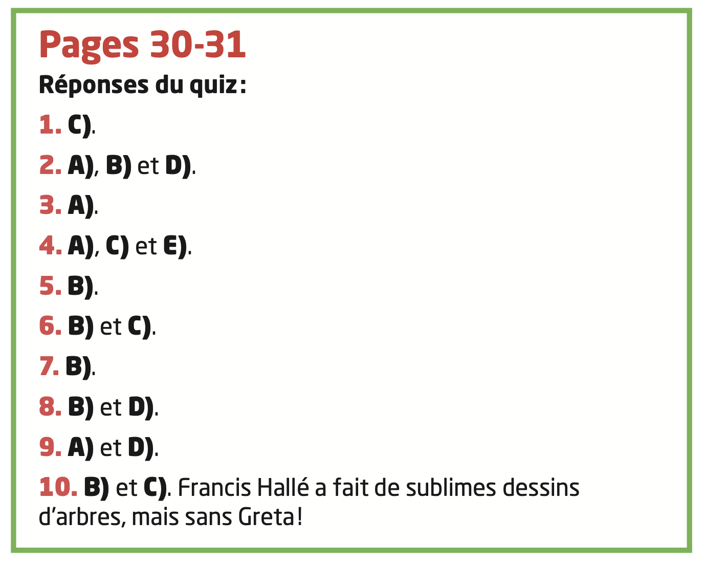 Réponses du quiz : liste de choix multiples numérotés de 1 à 10.