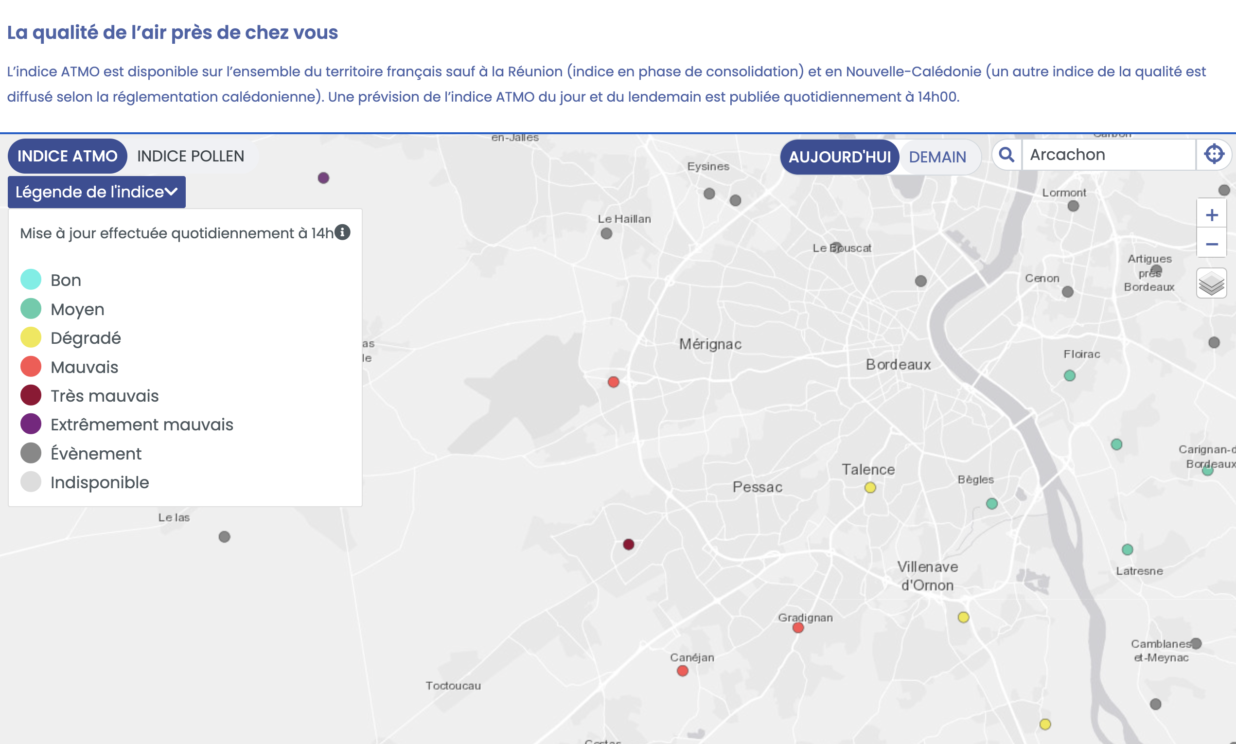 Carte de la qualité de l'air à Marseille avec indicateurs de pollution colorés.