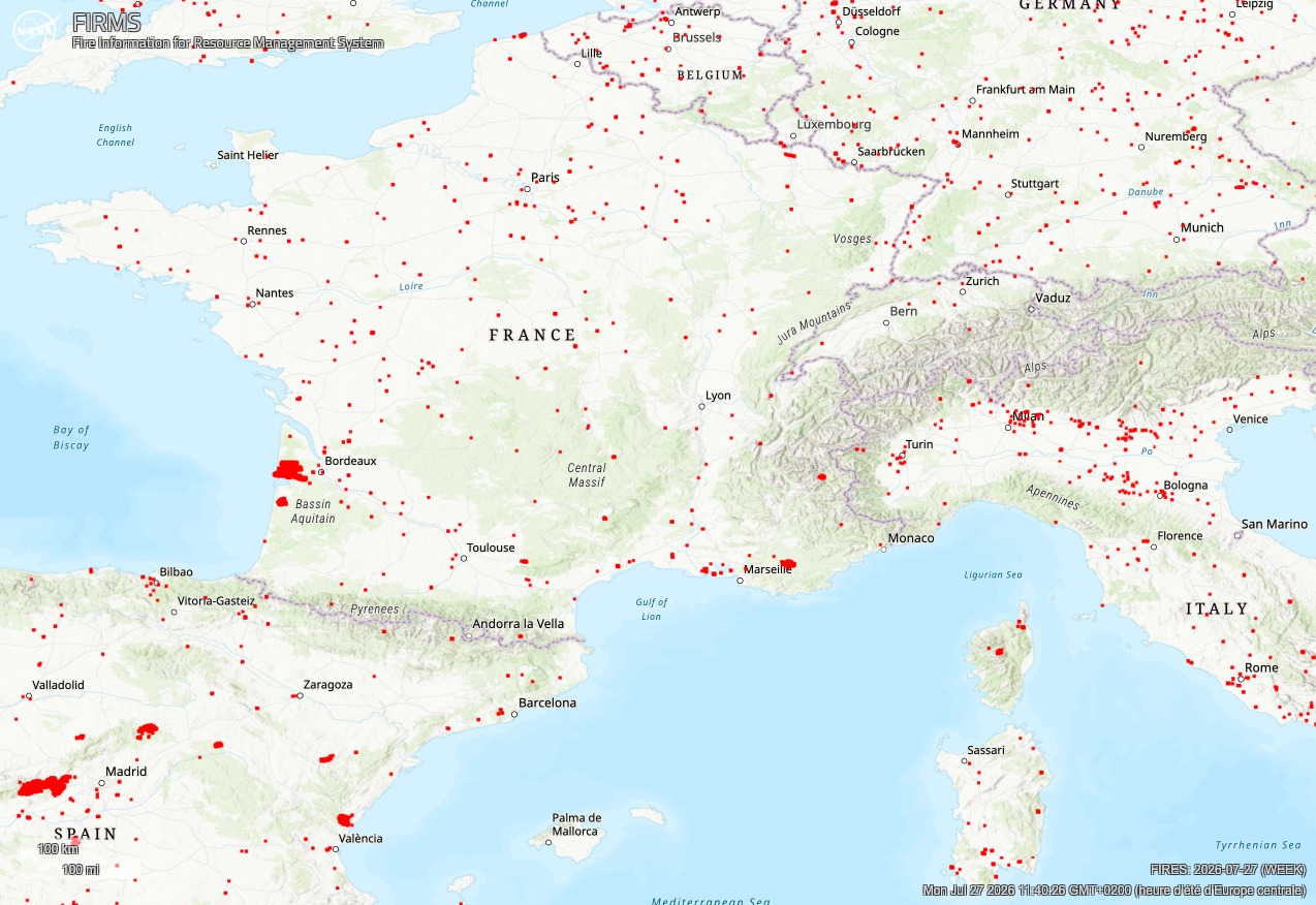 Carte montrant des points rouges en Europe, principalement en France, Espagne et Italie.