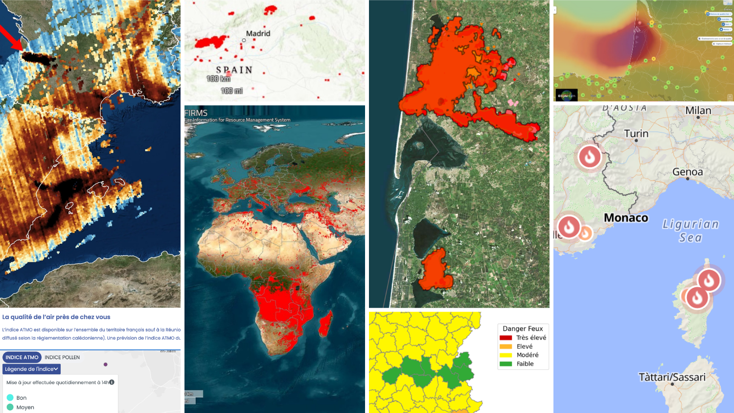 Cartes de zones d'incendies et de chaleur à travers le monde avec différentes visualisations.