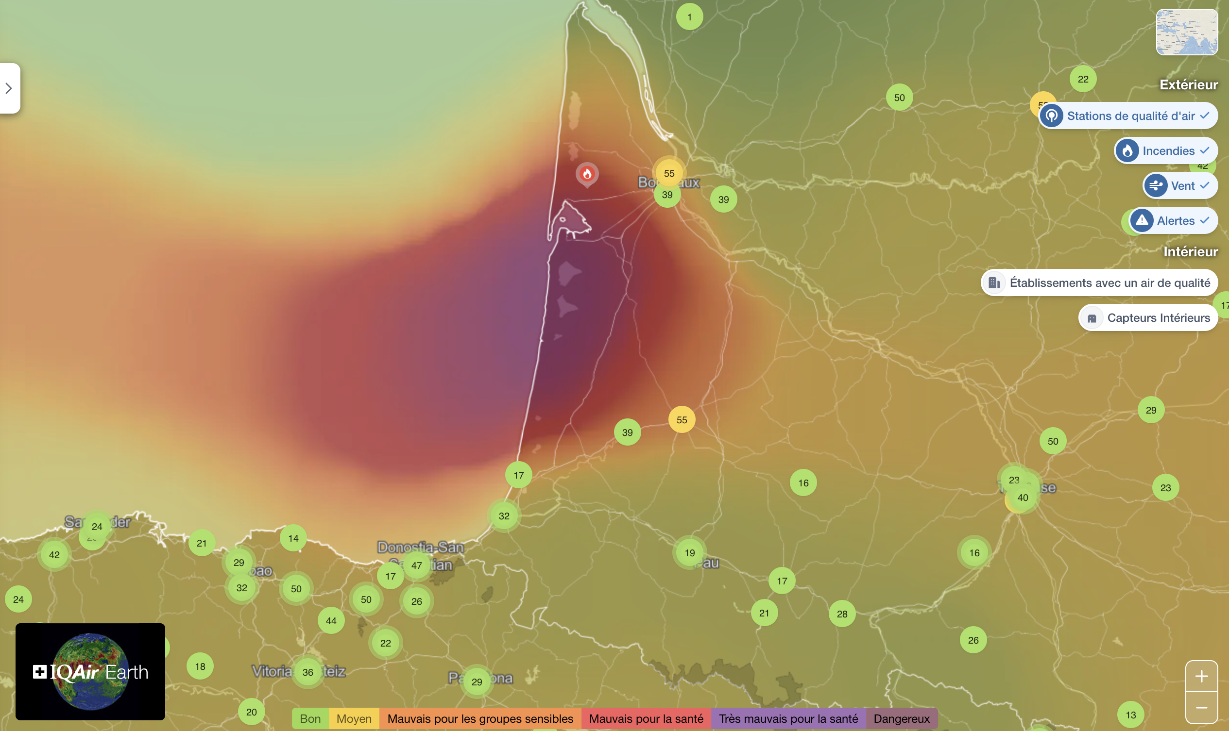 Carte météorologique montrant des variations de température sur la côte sud-ouest de la France.