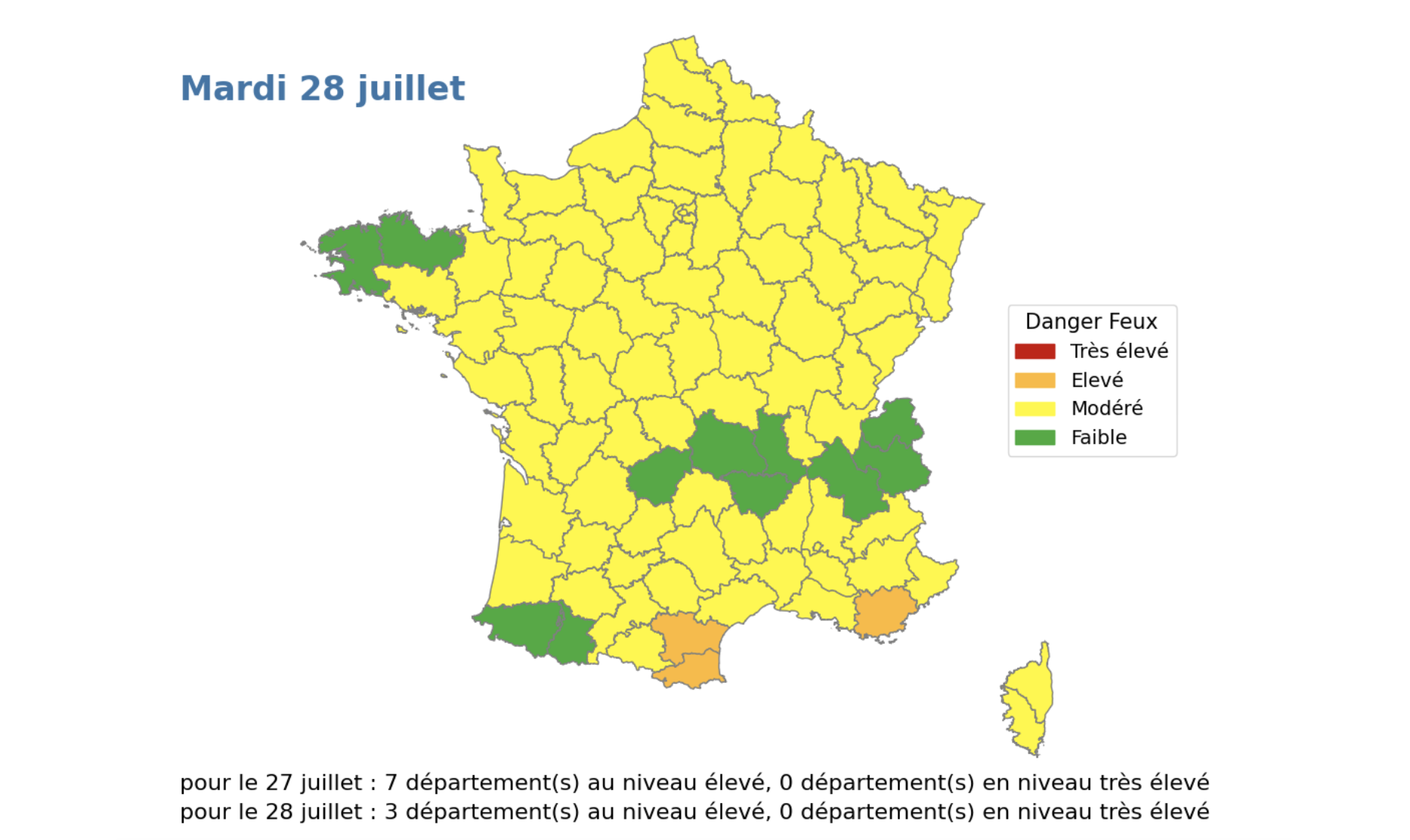 Carte de France indiquant le niveau de danger feux pour le mardi 28 juillet.