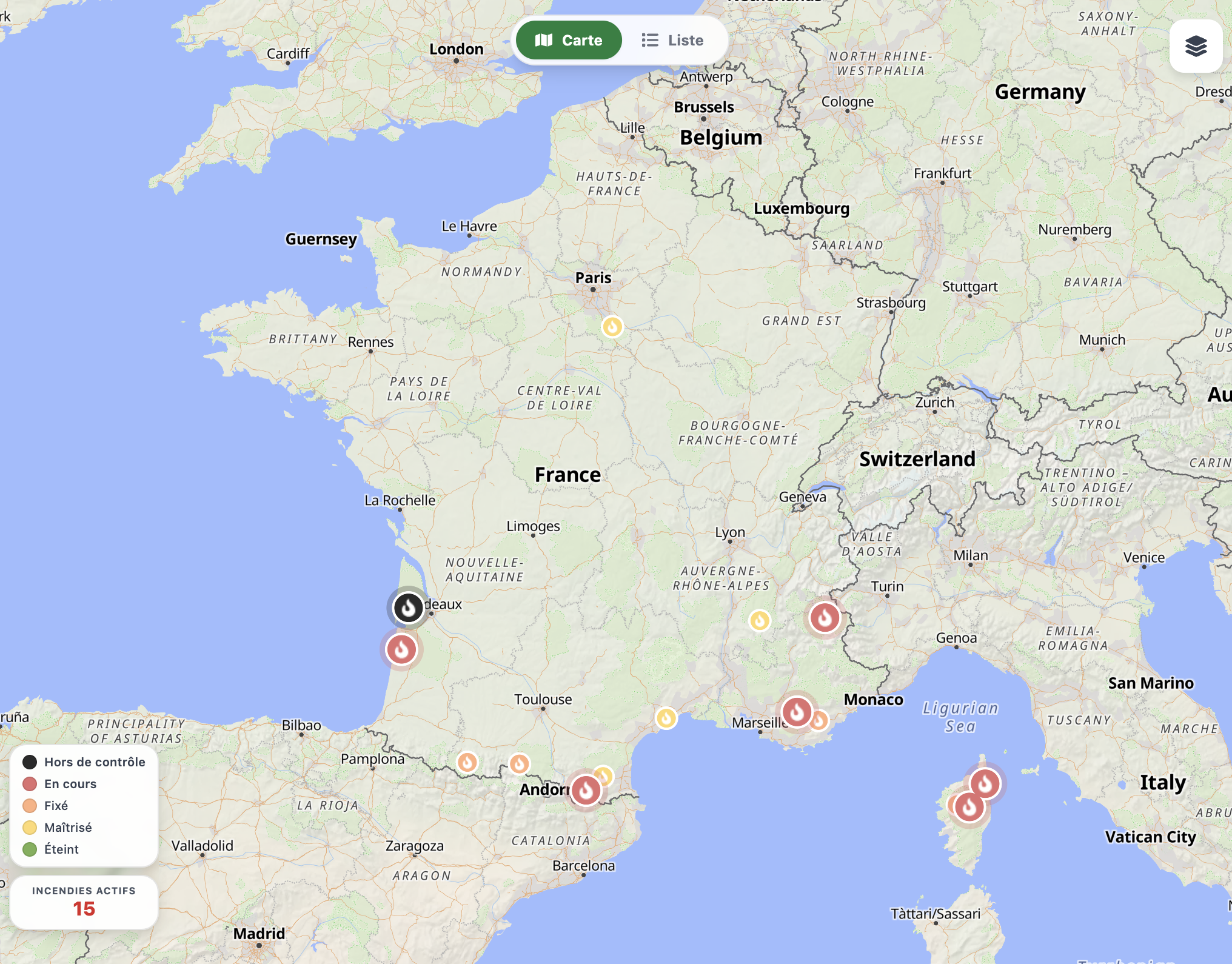 Carte indiquant des emplacements en France avec des cercles colorés représentant des incidents.