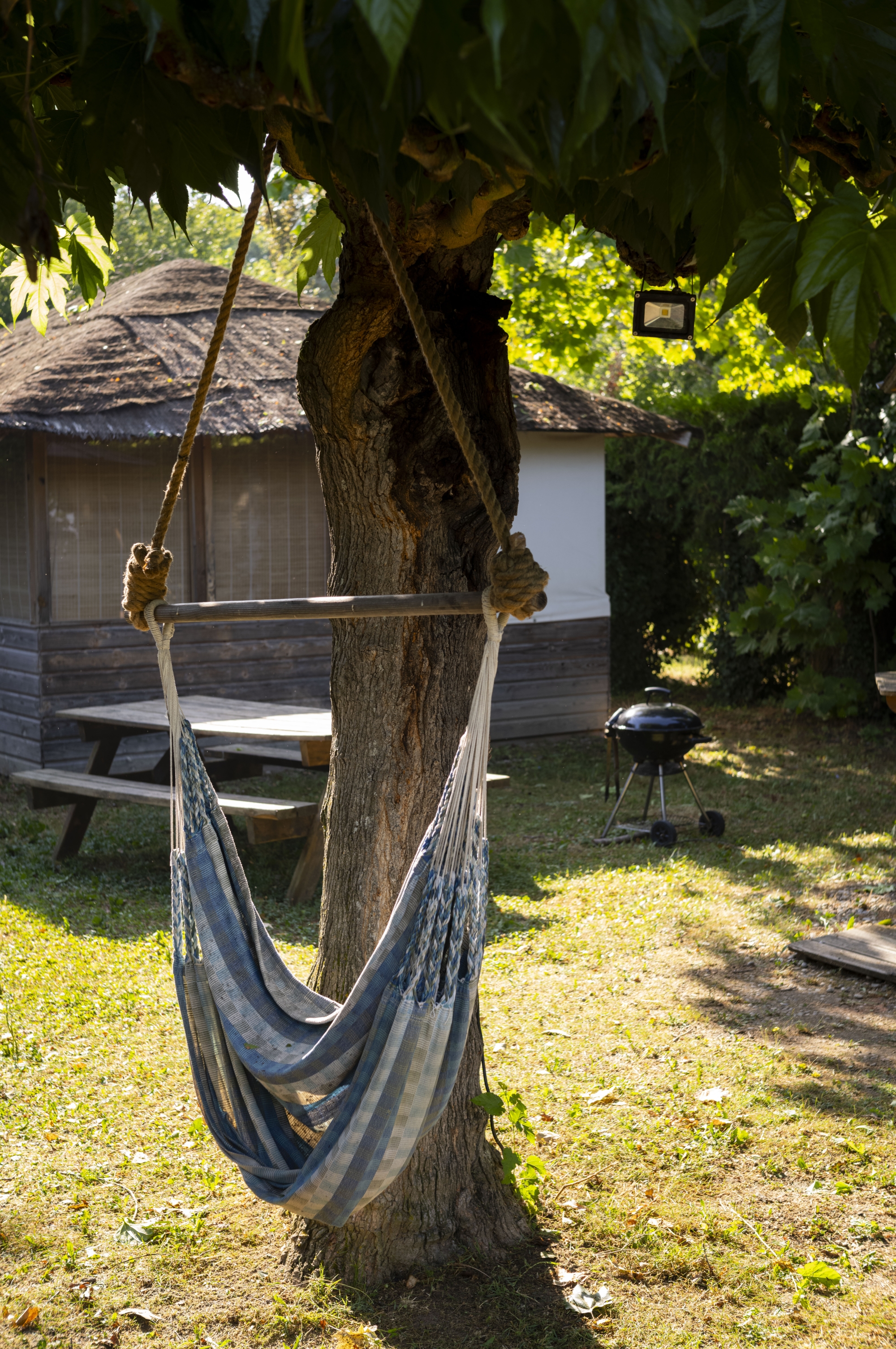 Hamac suspendu à un arbre près d'une cabane et d'un barbecue dans un jardin.