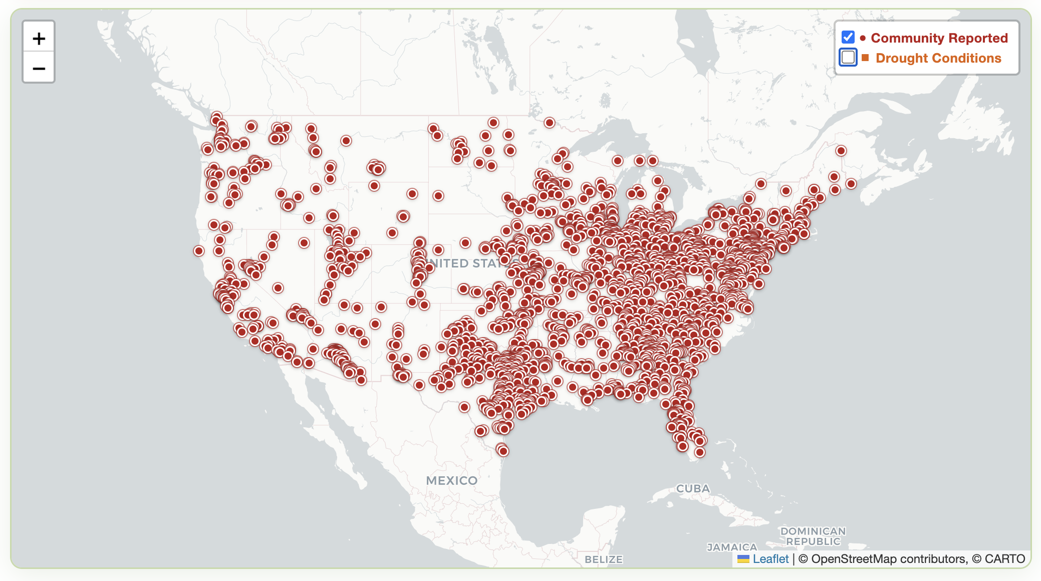 Carte montrant les data centers actifs ou projets de data centers aux États-Unis avec des points rouges.