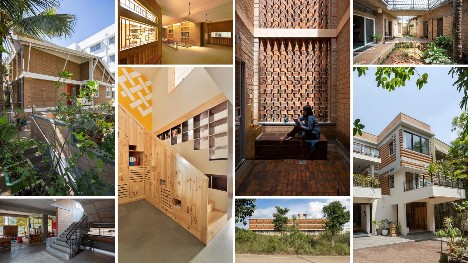 Collage de maisons modernes avec des designs en bois et des espaces intérieurs lumineux et ouverts.
