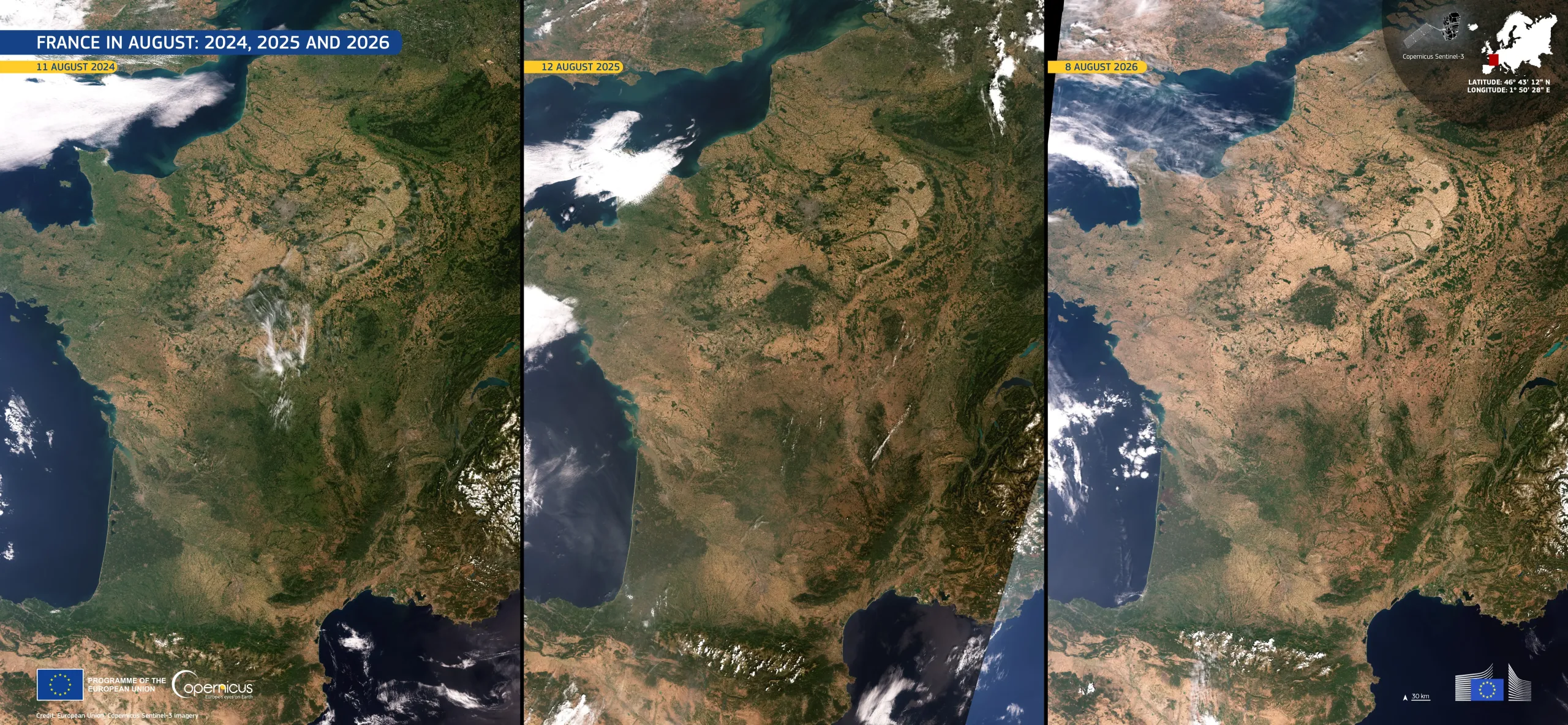 Comparaison satellite de la France en août 2022, 2023 et 2024 montrant la sécheresse.