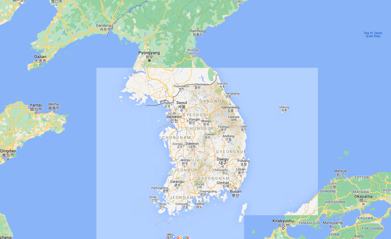 Carte de la Corée du Sud avec villes principales et régions environnantes visibles.