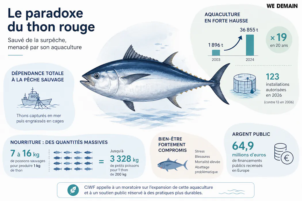 Infographie sur le thon rouge : surpêche, aquaculture, alimentation, bien-être, coûts publics, dépendance pêche sauvage.