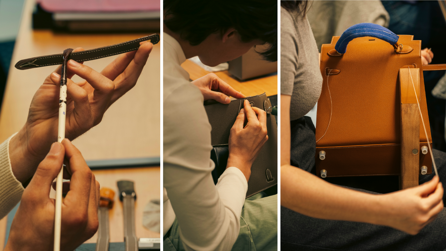Artisan travaillant le cuir pour créer un sac, utilisant des outils de maroquinerie.