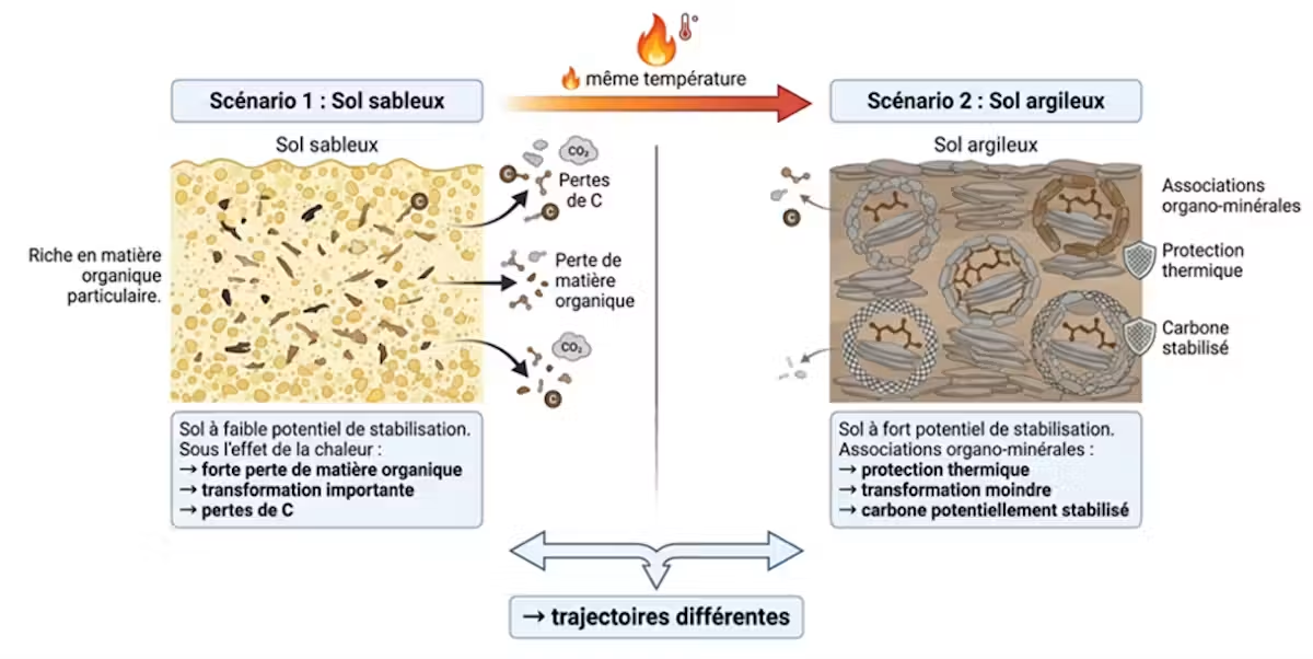 Différents sols réagissent au réchauffement climatique, avec des variations de perte de carbone organique.