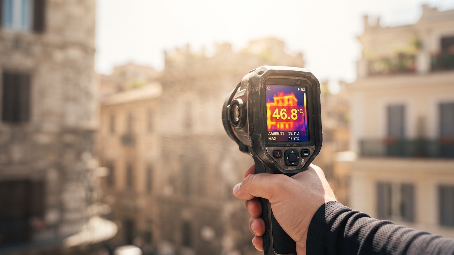 Une caméra thermique mesure la température d'un bâtiment dans une ville ensoleillée.