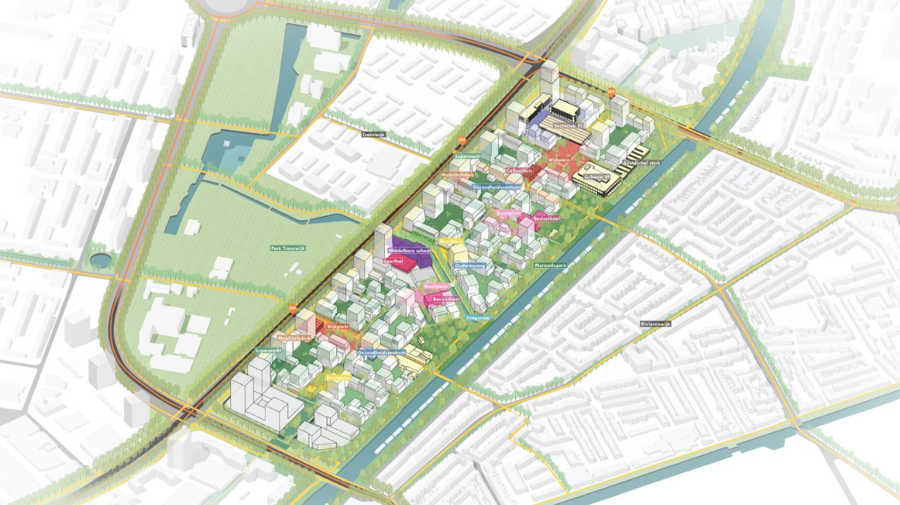 Plan coloré d'un quartier urbain avec routes, bâtiments et espaces verts.