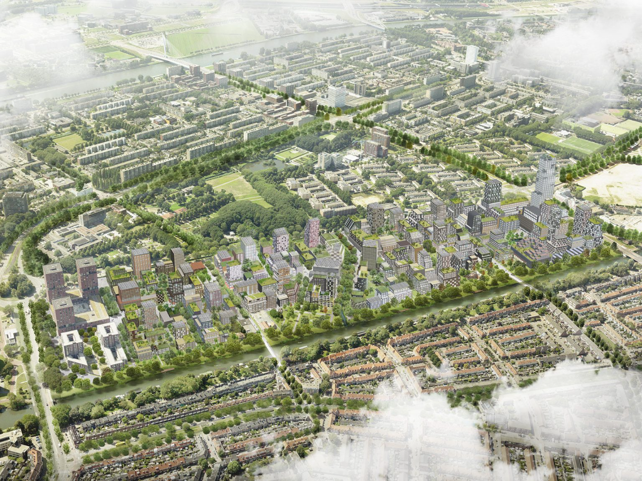 Vue aérienne d'un projet urbain avec bâtiments modernes, espaces verts et infrastructures routières.
