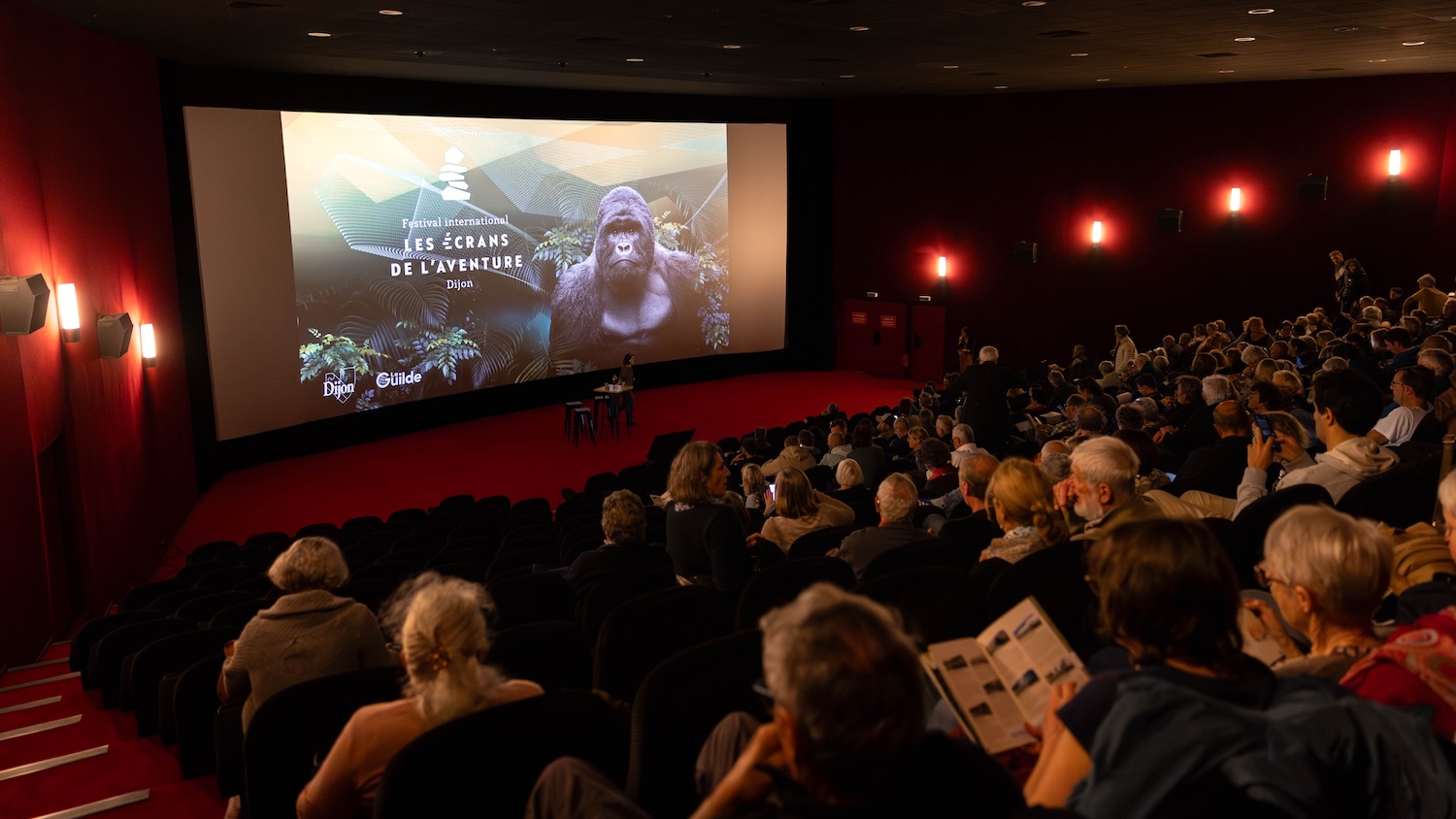 Salle de cinéma remplie, projection d'un film sur King Kong avec spectateurs attentifs.