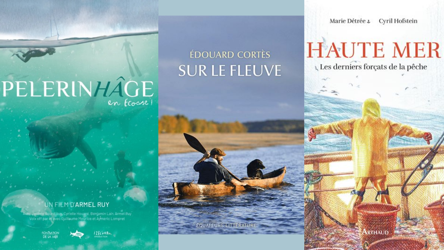 Trois couvertures de livres sur la pêche et la nature, incluant "Pèlerinage" et "Haute Mer".