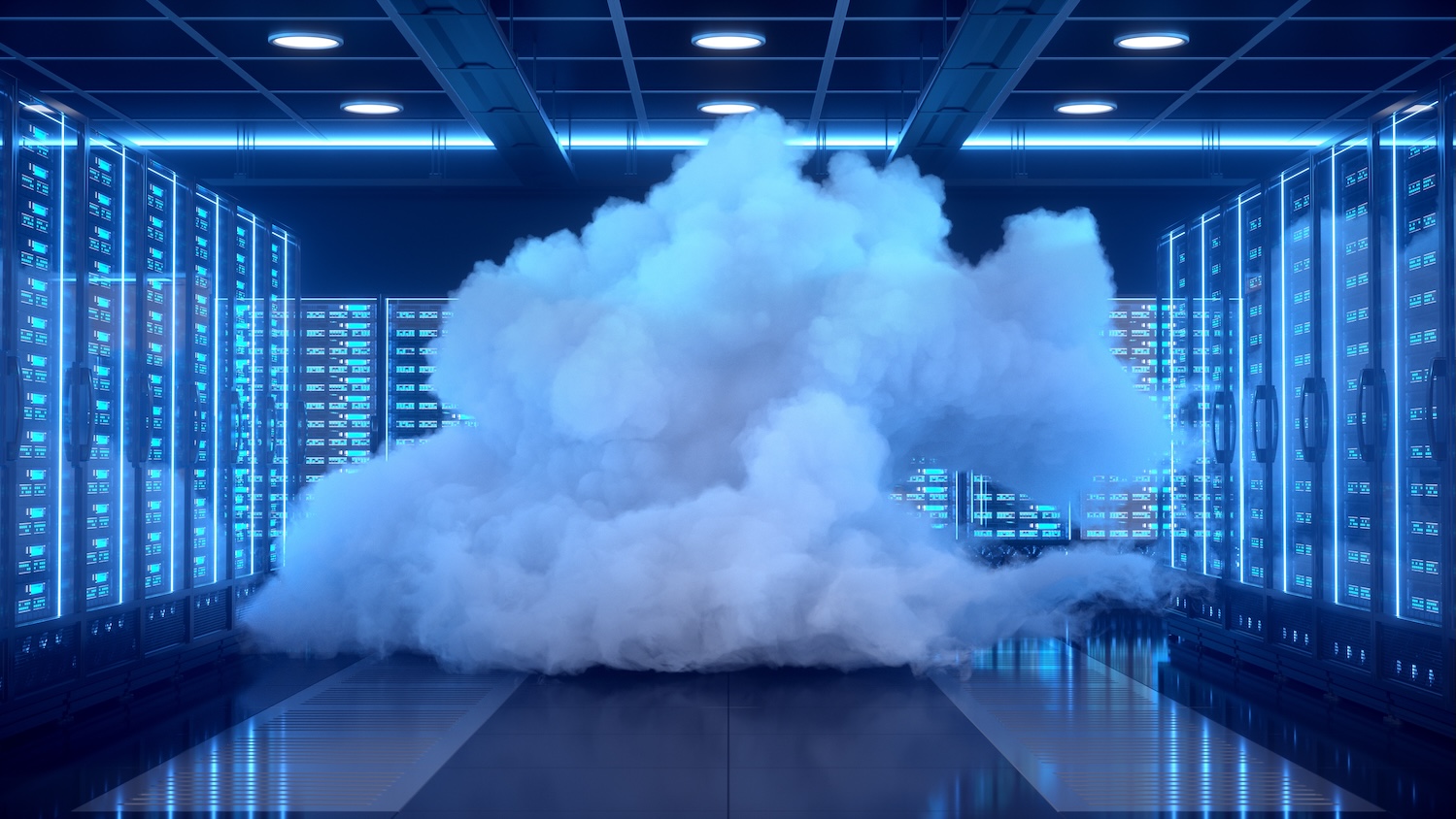Nuage numérique dans un centre de données moderne éclairé en bleu, symbolisant le cloud computing.