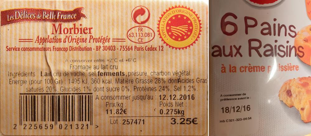 Étiquettes de produits alimentaires français : Morbier et pains aux raisins avec dates de péremption.