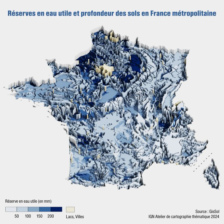 Carte topographique en relief de la France montrant les variations d'altitude en nuances de bleu.