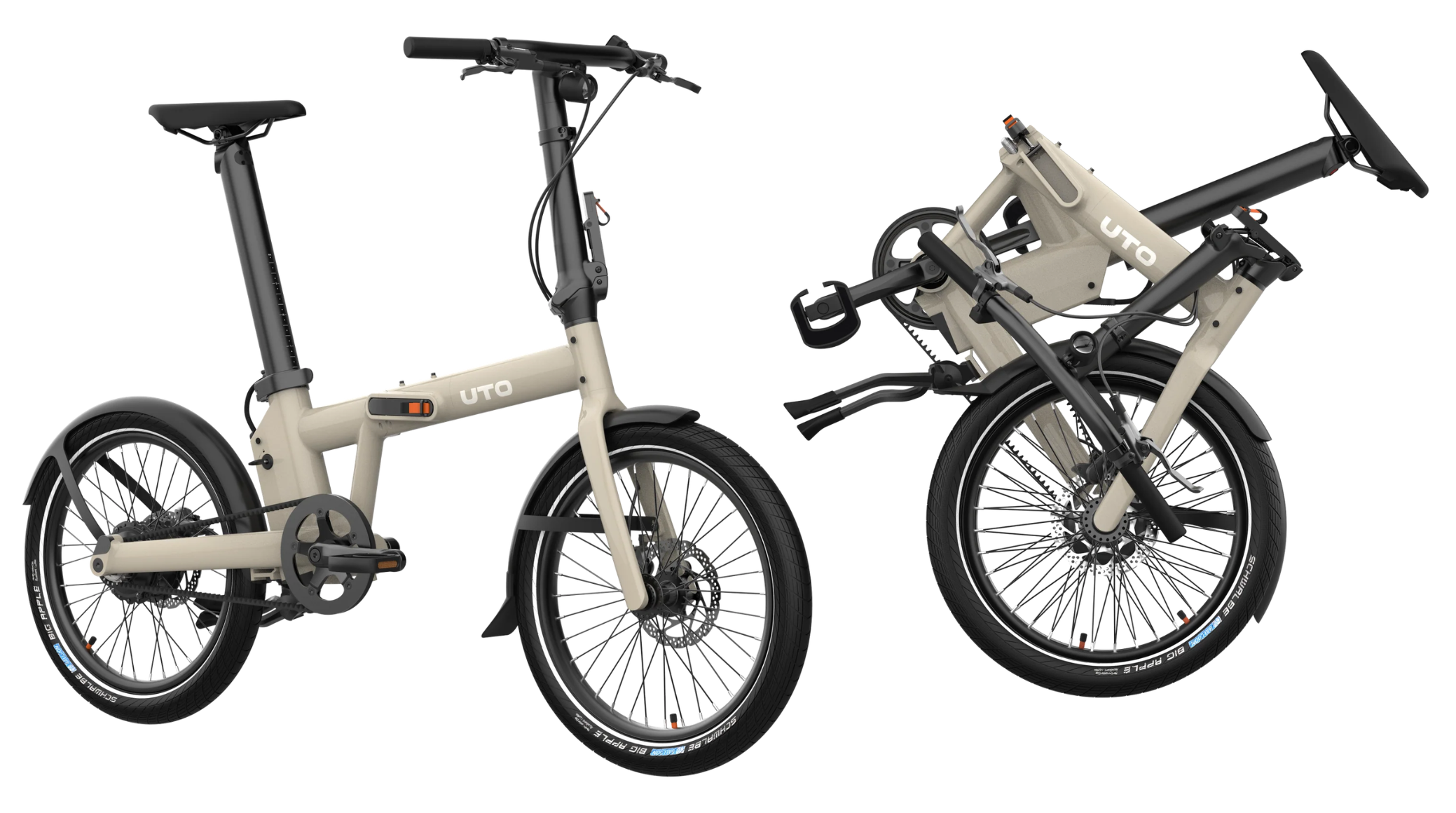 Deux vélos pliants modernes, l'un déplié et l'autre plié, sur fond blanc.